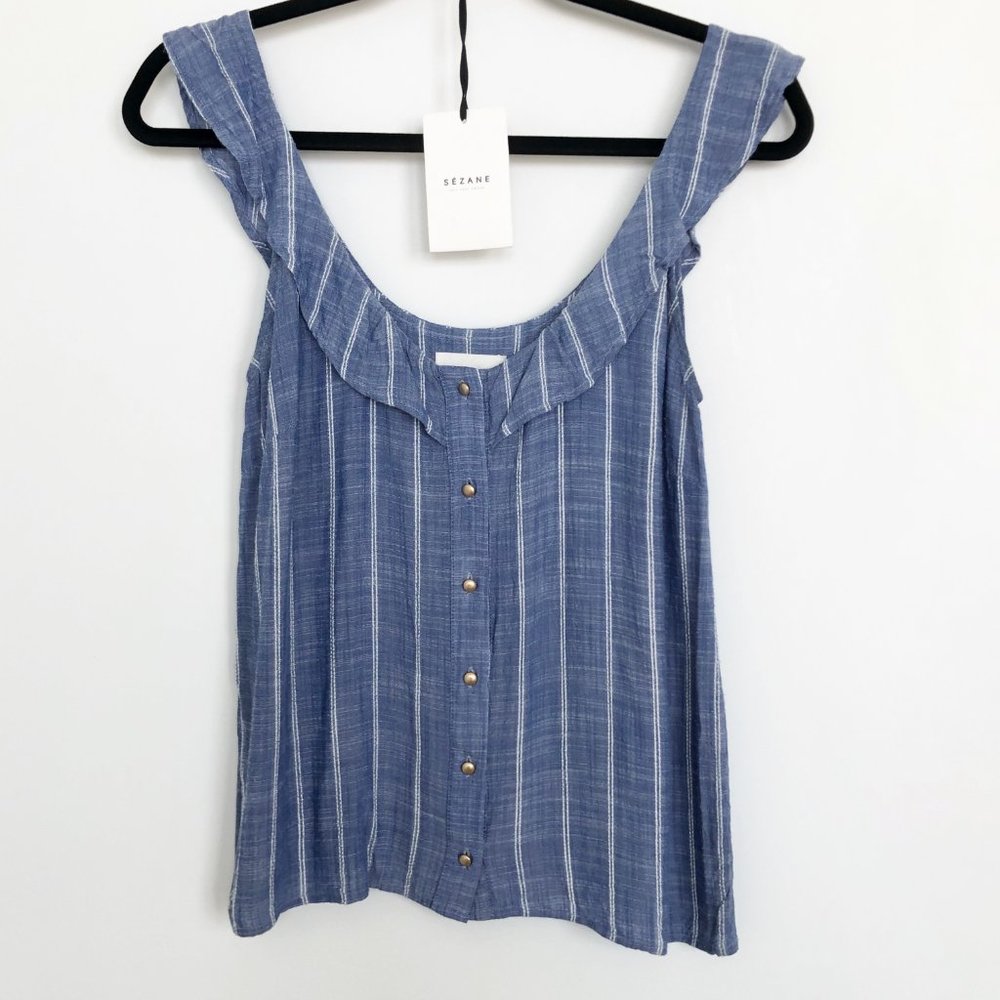 Sezane sleeveless top in embroidered blue/ecru